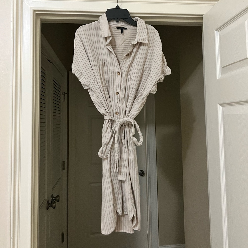 Beige striped linen short sleeve dress